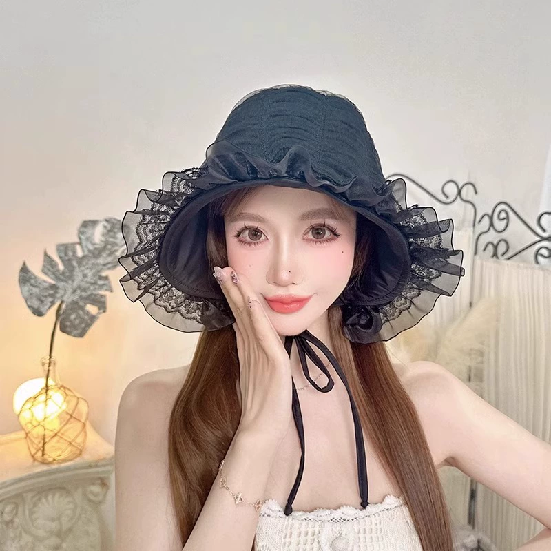 Lolita Lace Seersucker Cute Hair Hood Women's Spring and Summer French Romantic Pleated Lolita Tie Basin Hat