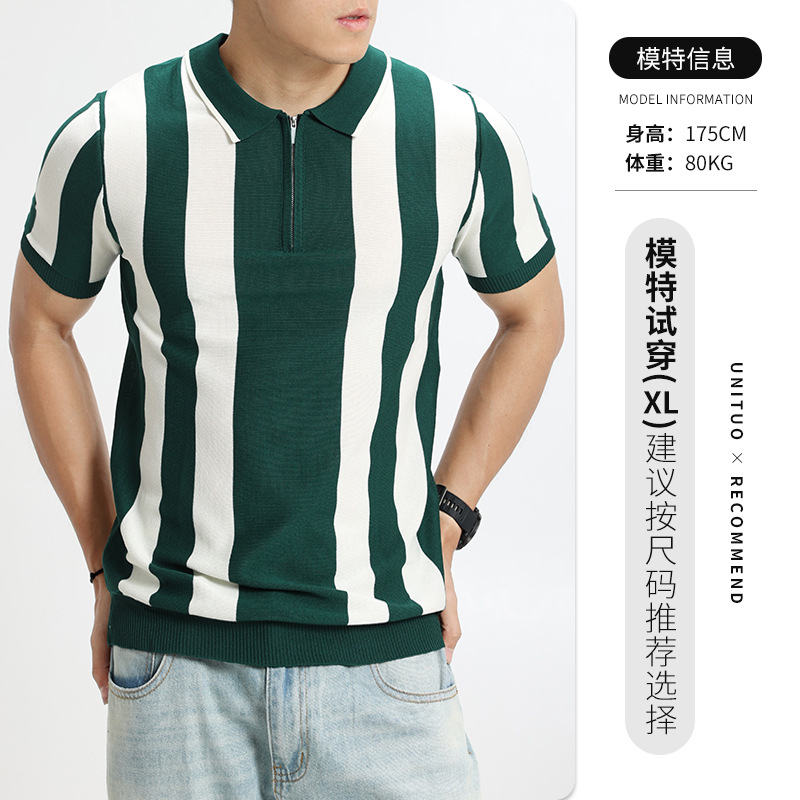 Camisas de polo de hielo de estilo antiguo, cuello de paleta de hombre, rayas de manga corta, Europa y Estados Unidos, retro transfronterizos, camisas de hombre de alta calidad