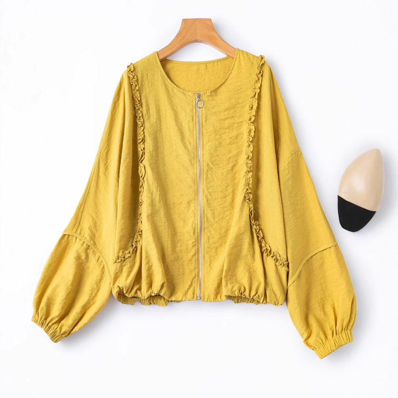 Silk Jacket! Yellow Silk Cardigan with Ruffled Edges and Zipper, Age-Reducing Design, Women's Silk Outerwear Silk Jacket! Yellow Silk Cardigan with Ruffled Edges and Zipper, Age-Reducing Design, Women's Silk Outerwear