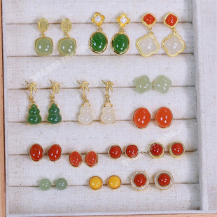 New S925 Silver Ear Hook Earrings Women's Earrings Inlaid with Natural Jade Nanhong Hetian Jade Earrings Supply