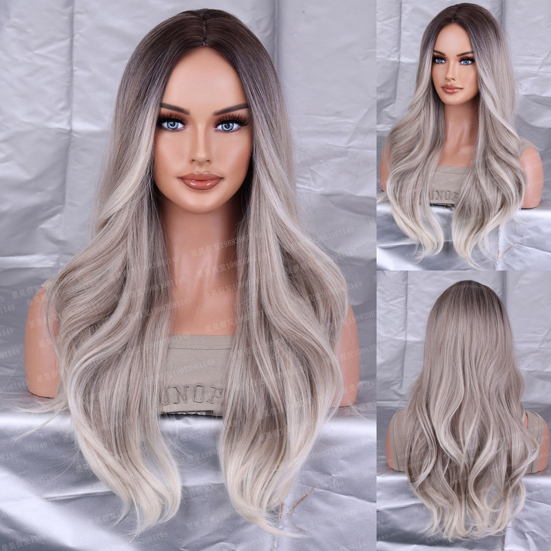 Foreign trade chemical fiber mixed gray bleached black Gray long curly hair European and American new long hair headgear European and American wigs wigs Foreign trade chemical fiber mixed gray bleached black Gray long curly hair European and American new long hair headgear European and American wigs wigs
