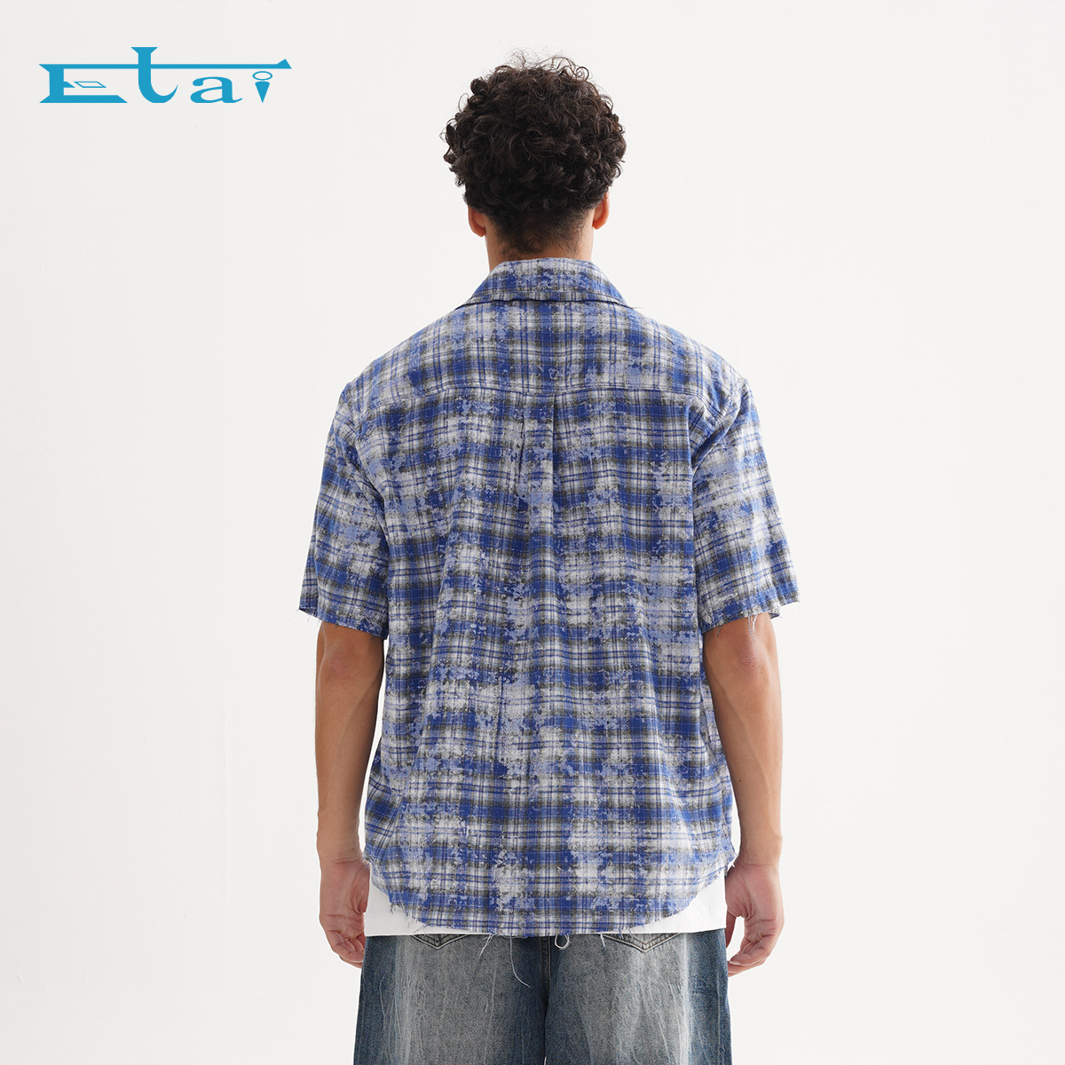 ETAI Hombre| Casual azul retro camisa a cuadros suelta sucia camisa de hombre de manga corta