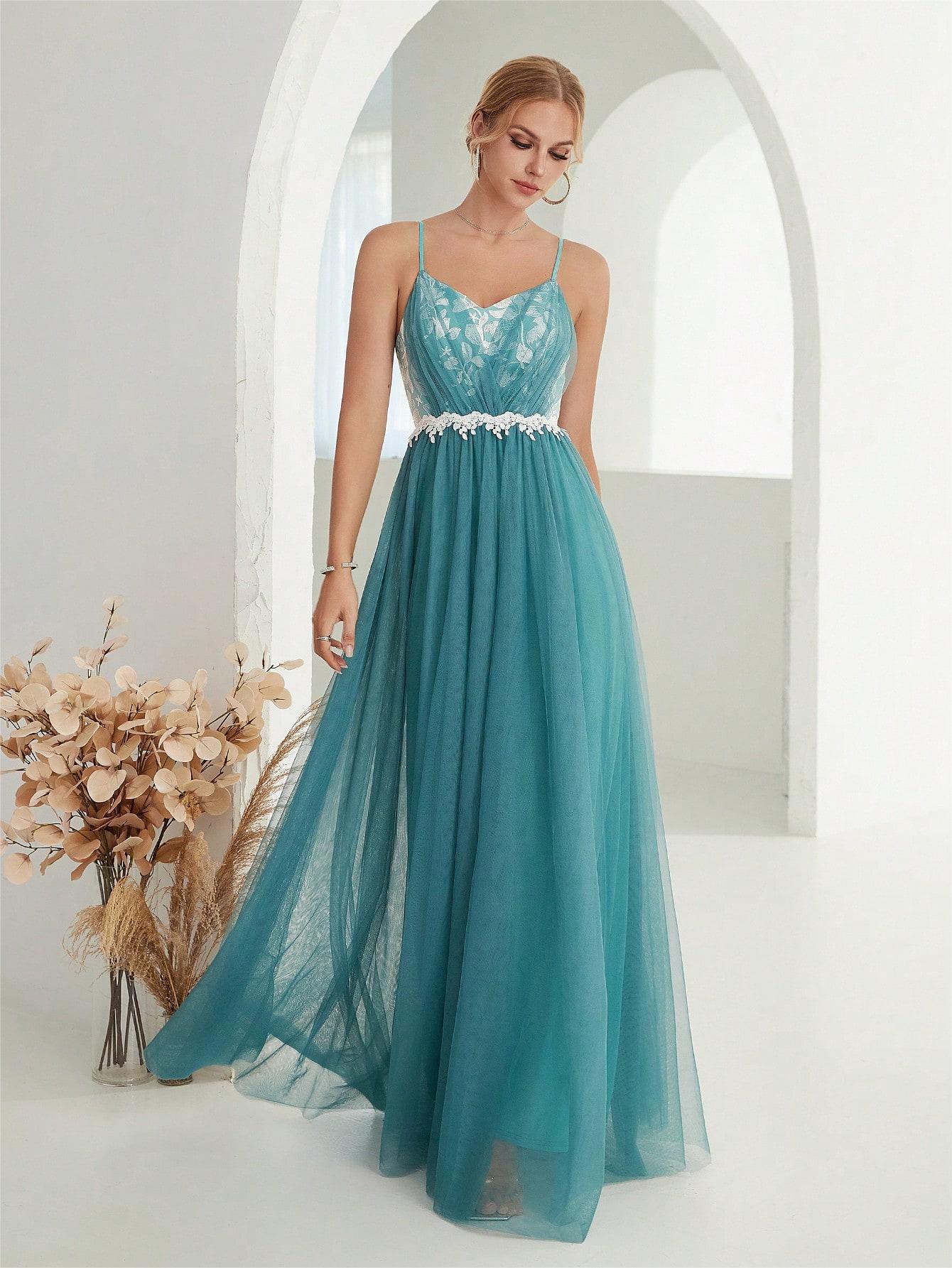 Women Suspender Evening Dress Mesh Cross Fold Lace Contrast Color Maxi Dress Summer