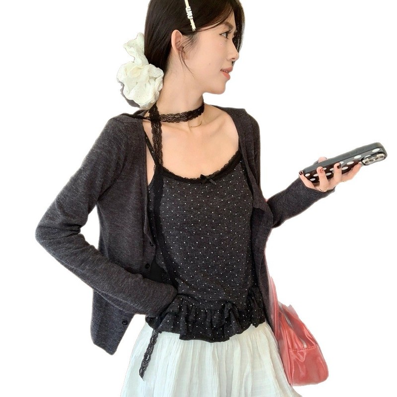 【双纱绒面布+花边染色】新款两件套波点荷叶边吊带背心套装|undefined