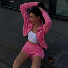 亚马逊外贸欧美休闲套装长袖拉链翻领上衣松紧短裤条纹装饰二件套