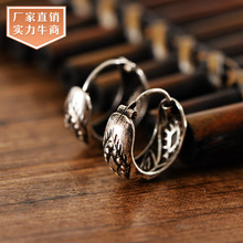 小黑银饰s925复古泰银圆环雕花民族风耳环女款文艺小众银耳扣手工