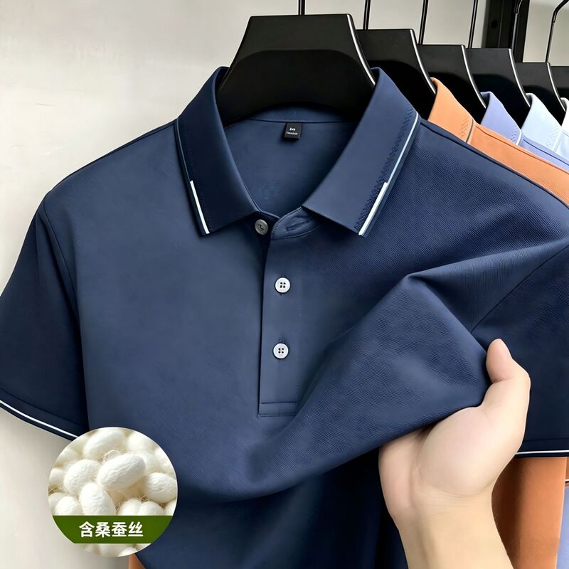 [Silk + Cotton] Men's Half-Sleeved T-Shirt Summer New Style Middle-Aged Business Casual Cool Short-Sleeved Polo Shirt for Men