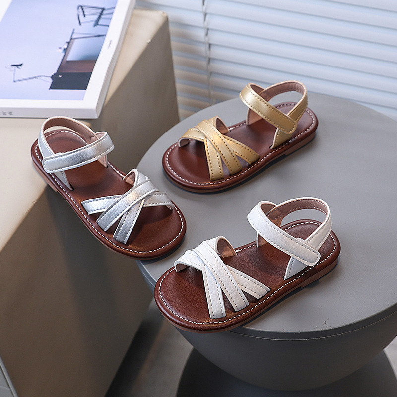 Fashion 2025 Summer New Girls' Sandals Lady Style Open-Toe Cross Strap Sandals Comfortable Solid Color Versatile Sandals