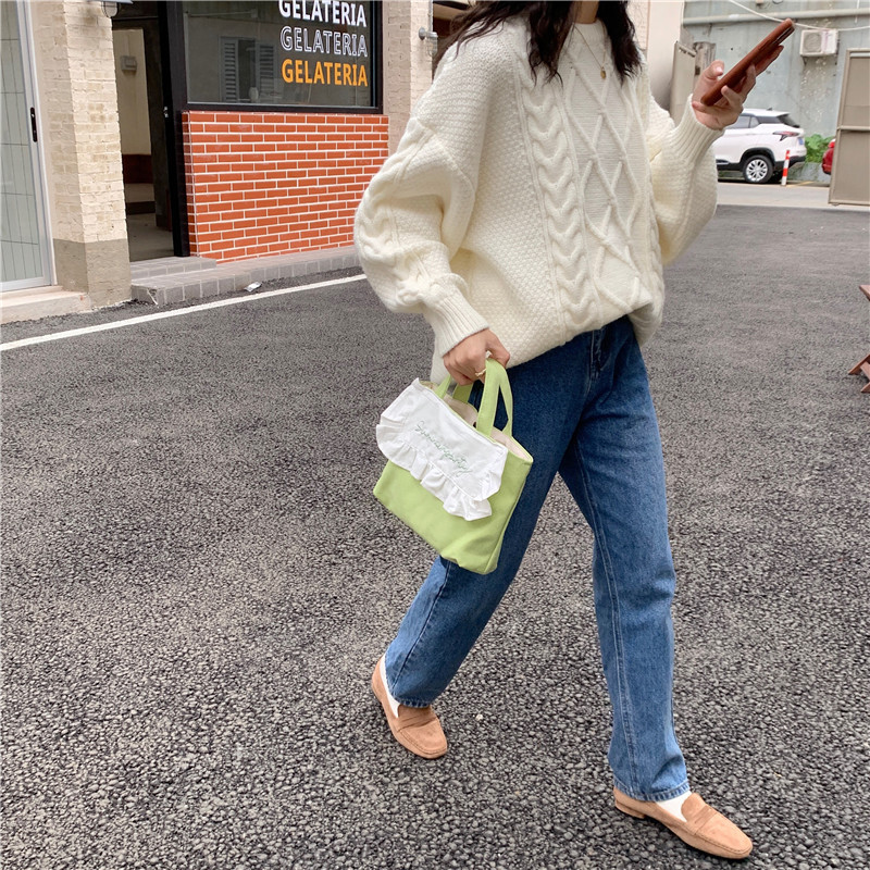1441 Japanese and Korean chic Sweet ruffled bento Bag, Fresh embroidered hand-held small cloth bag, girl student bag wholesale undefined