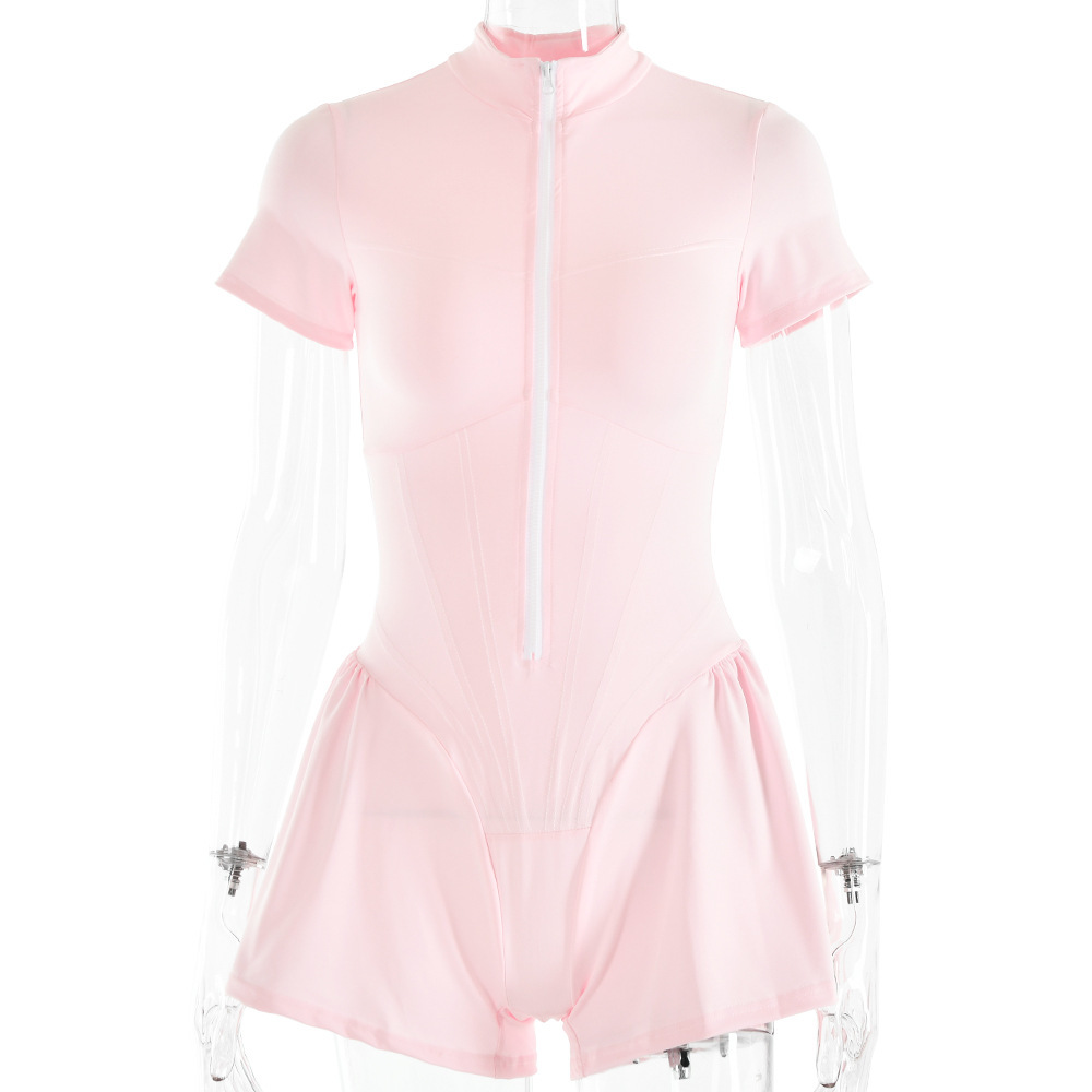 Amazon transfronteriza Venta caliente sexy apretado Falda corta mono otoño nuevas mujeres de cuello redondo manga corta cremallera bottoming camisa image 10