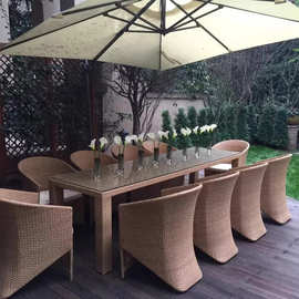 户外藤编桌椅藤餐桌餐椅藤椅五件套组合花园别墅阳台庭院藤编长桌