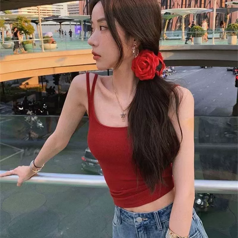 新款纯欲吊带双肩带背心带胸垫设计感美背上衣打底外穿内搭抹胸夏