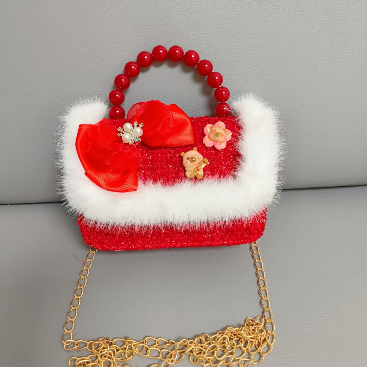 Cartera de Año Nuevo rojo, bolso de perlas, arco de arco, bolso de mano, cadena de viento de fragancia, bolso de hombro pequeño