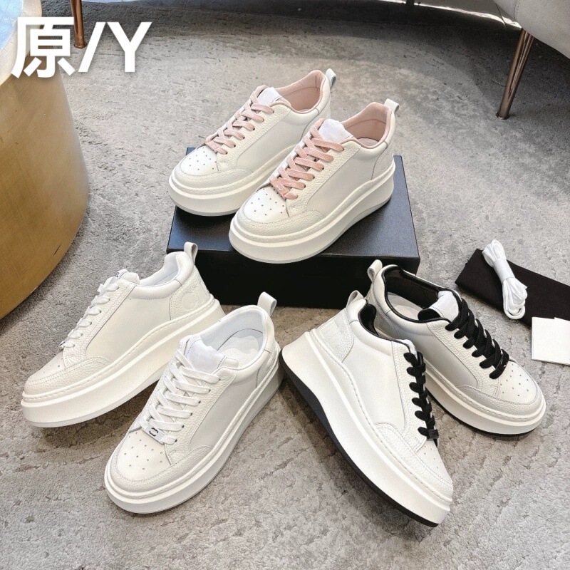 Chanel-Style Thick-Soled Panda Shoes with Round Toe, Cowhide Color-Blocking, Height-Increasing Platform Casual Sneakers, Versatile White Shoes for Women