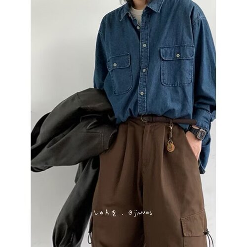 Washed Vintage Denim Shirt for Men - Long Sleeve Loose Workwear Casual Blouse Trendy Retro Simple Jacket