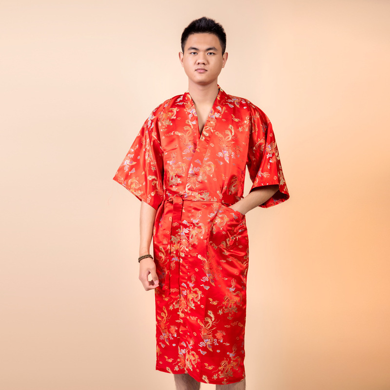 Red Brocade Couple Dragon and Phoenix Nightgown Long Men's Bathrobe Bathrobe Foreign Trade Home Clothes Large Size
