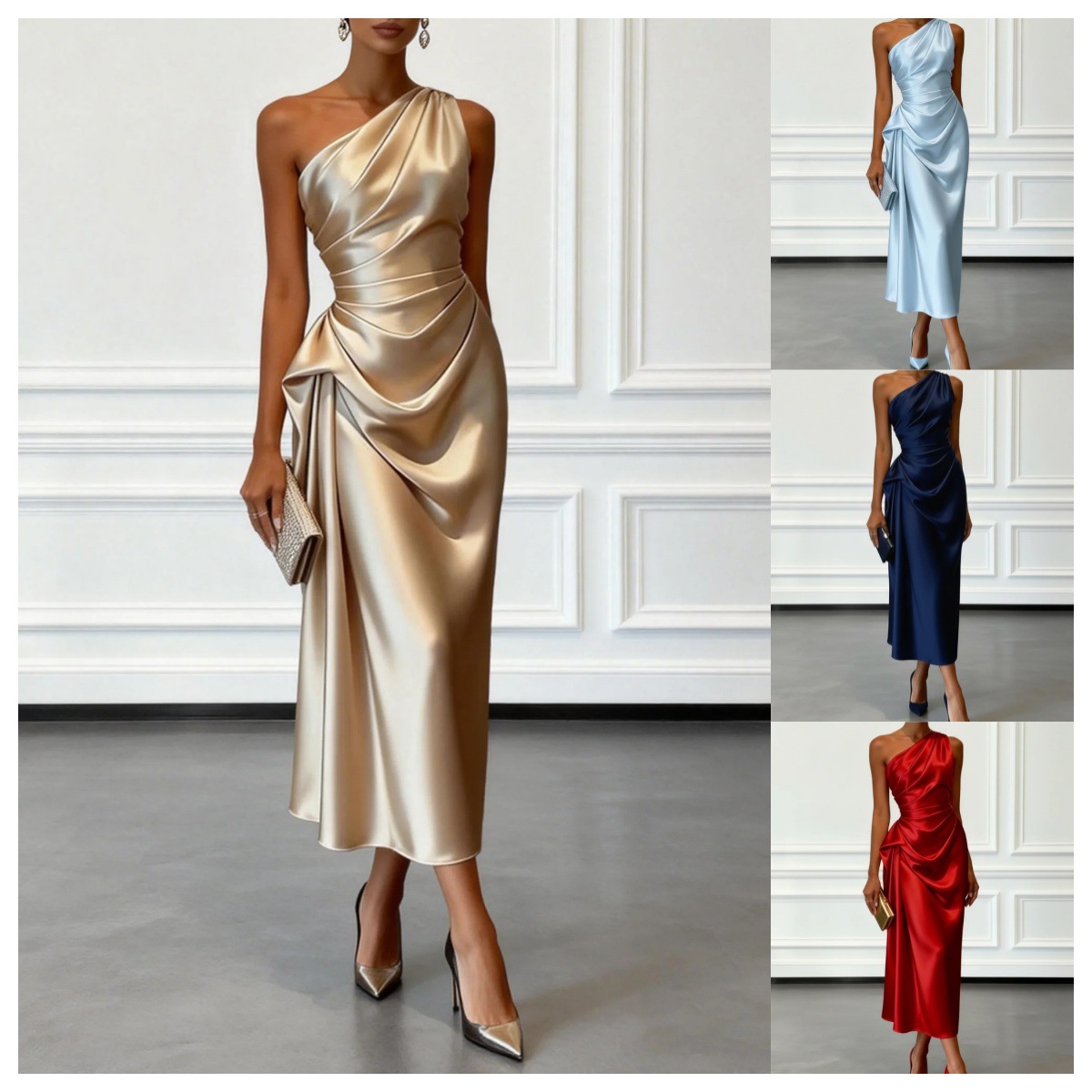 2026 European And American Cross-border Foreign Trade New High-end Satin Pleated Waist-cinching Sleeveless Evening Dress_ecoleips.com