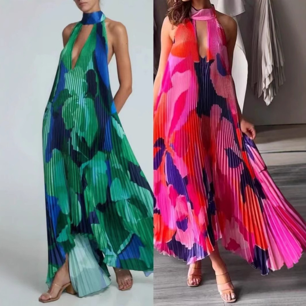 2025 국경 간 대외 무역 폭발 고급 감각 원피스 불규칙한 주름 원피스 휴일 해변 원피스