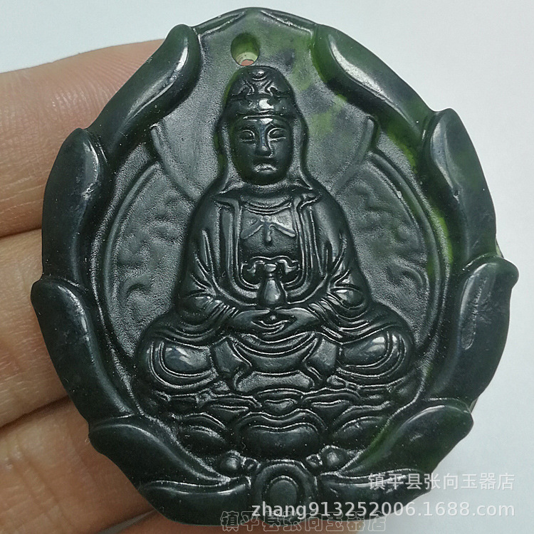 新疆墨玉莲花观音吊坠批发 蛇纹玉挂件 墨玉观音佛玉坠批发