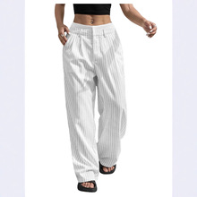2024秋冬跨境条纹撞色日韩休闲高腰拼接西裤简约垂感直筒装西装裤