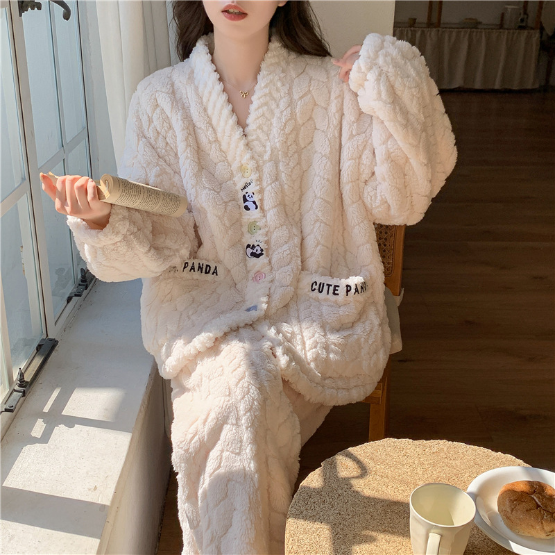 Pijamas de lana de coral para mujer de invierno de manga larga 2024 nueva franela engrosada y cálida primavera y otoño traje de servicio a domicilio