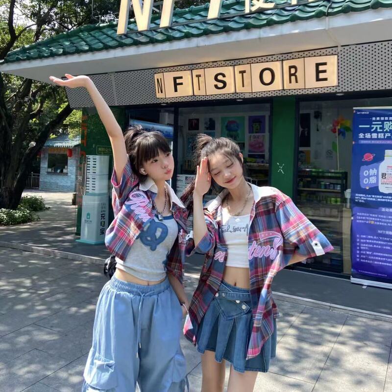 Trendy Sweet Cool American Style Colorful Plaid Shirt Top Summer Retro Versatile Unisex Niche Shirt Fashion