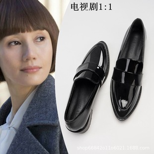 Tang Jing's Same Style Pointed-Toe Small Leather Shoes for Women, Patent Leather Loafers, Professional Work Shoes, Low-Heeled Business Shoes, Huizhou Women's Shoes