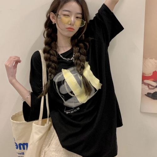 Women's Summer Large Print Short Sleeve T-Shirt Loose Korean Style Versatile Pure Cotton Half-Sleeve Tee Couple's Top