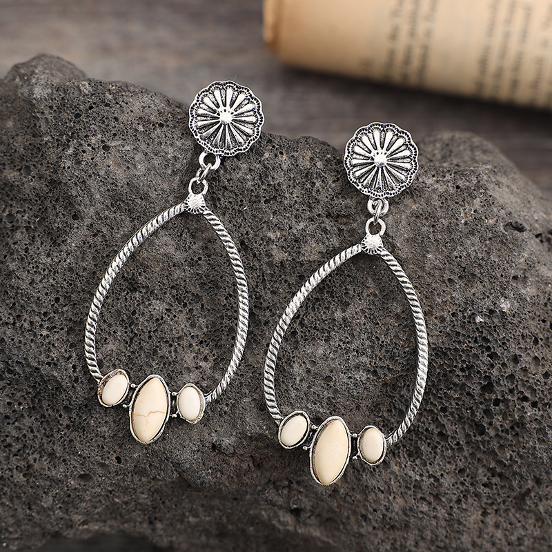 Ethnic Style Water Droplets Chrysanthemum Alloy Inlay Turquoise Women's Drop Earrings display picture 6