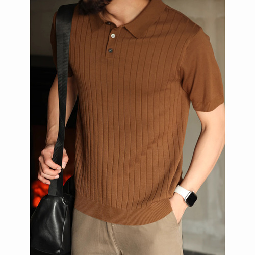 Business Casual Males' Polo Collar Short Sleeve Summer New Arrival Buttoned Fitted Knit Shirt for Cross-border Trade Wholesale