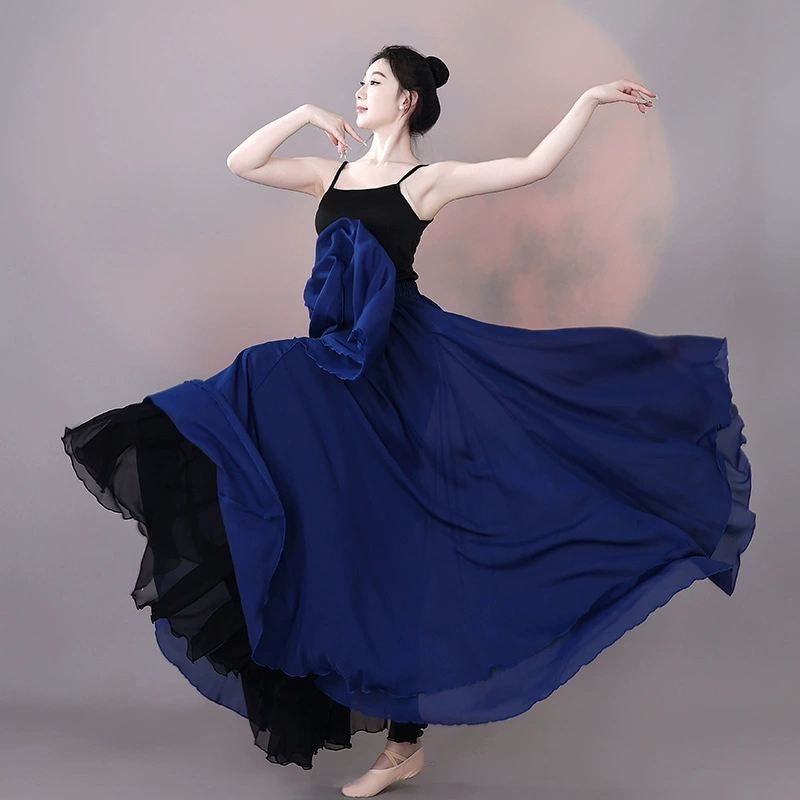 Классический танец двухслойная контрастная юбка-маятник танцевальный костюм для женщин классический китайский танец элегантная юбка для упражнений 720 градусов