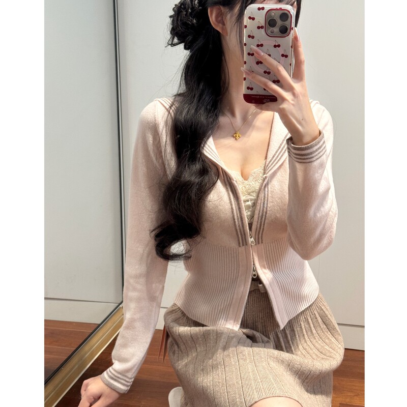 2025 early spring is hard not to love crew neck double zipper striped knitted top wool cardigan waist slim