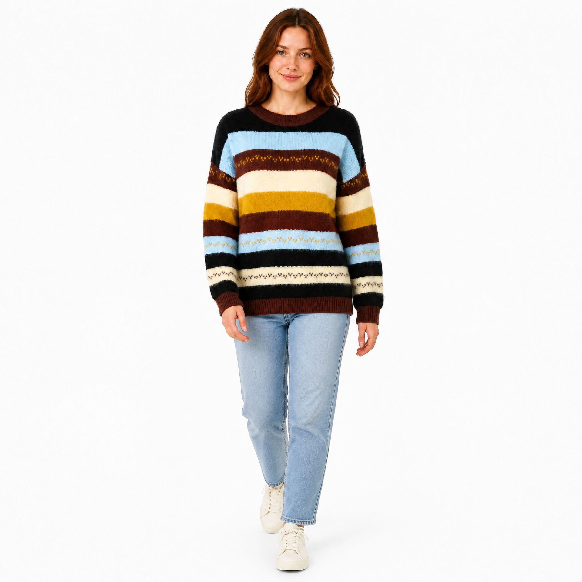Autumn and winter women's lazy style thickened tops college style striped contrasting brown turtleneck women's sweater sweater