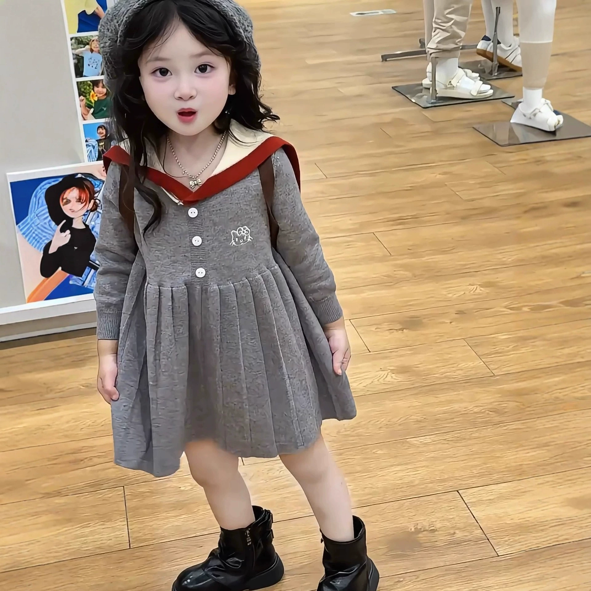 秋季女宝长袖学院风针织衫海军领连衣裙中小儿童KT猫百褶裙童装