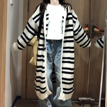 韩系连帽条纹长款毛衣外套女2025新款宽松慵懒风针织开衫早秋穿搭
