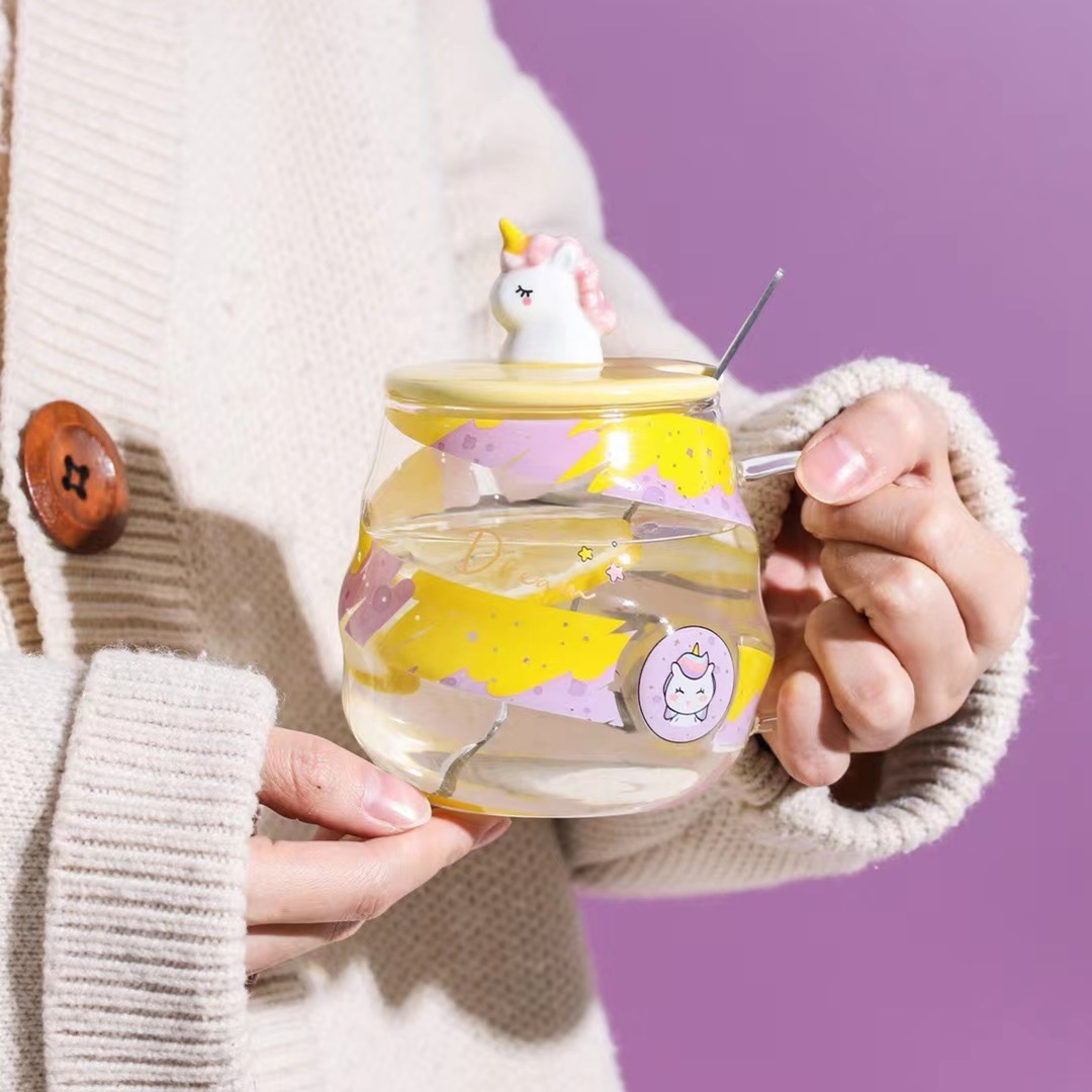 Creativo espiral taza unicornio 3D taza de dibujos animados con tapa cuchara vidrio transparente taza de agua taza de la Oficina