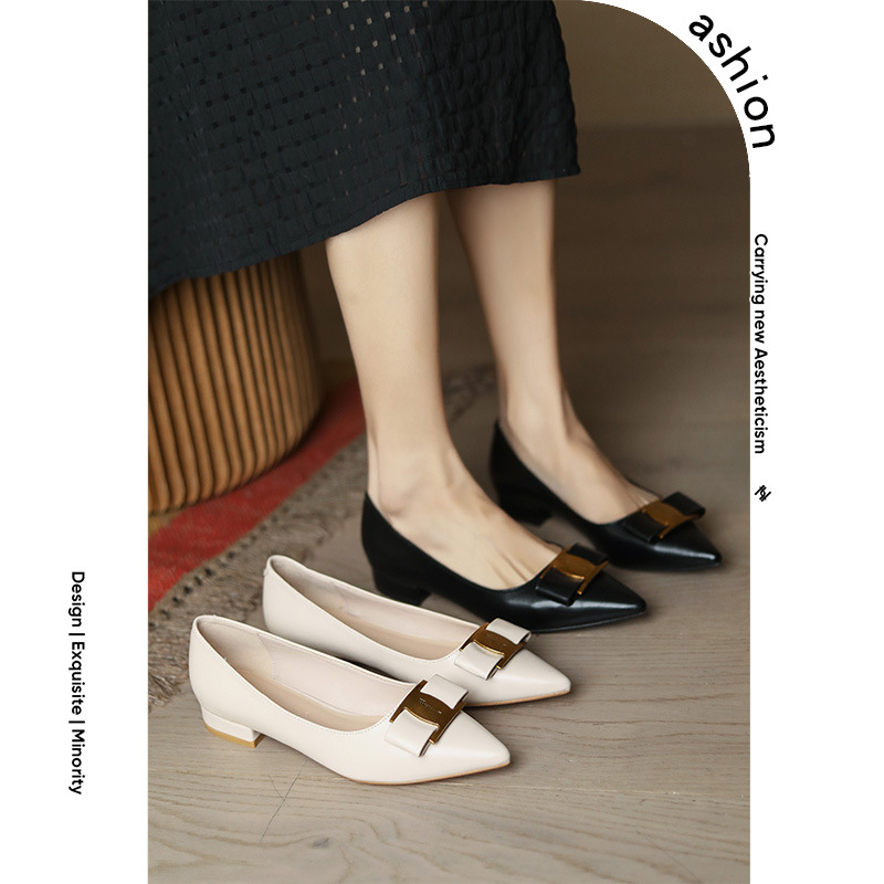 2022 primavera y otoño nuevo botón de metal retro arco de cabeza de punta superficial zapatos de mujer zapatos planos para mujeres 862 - 8