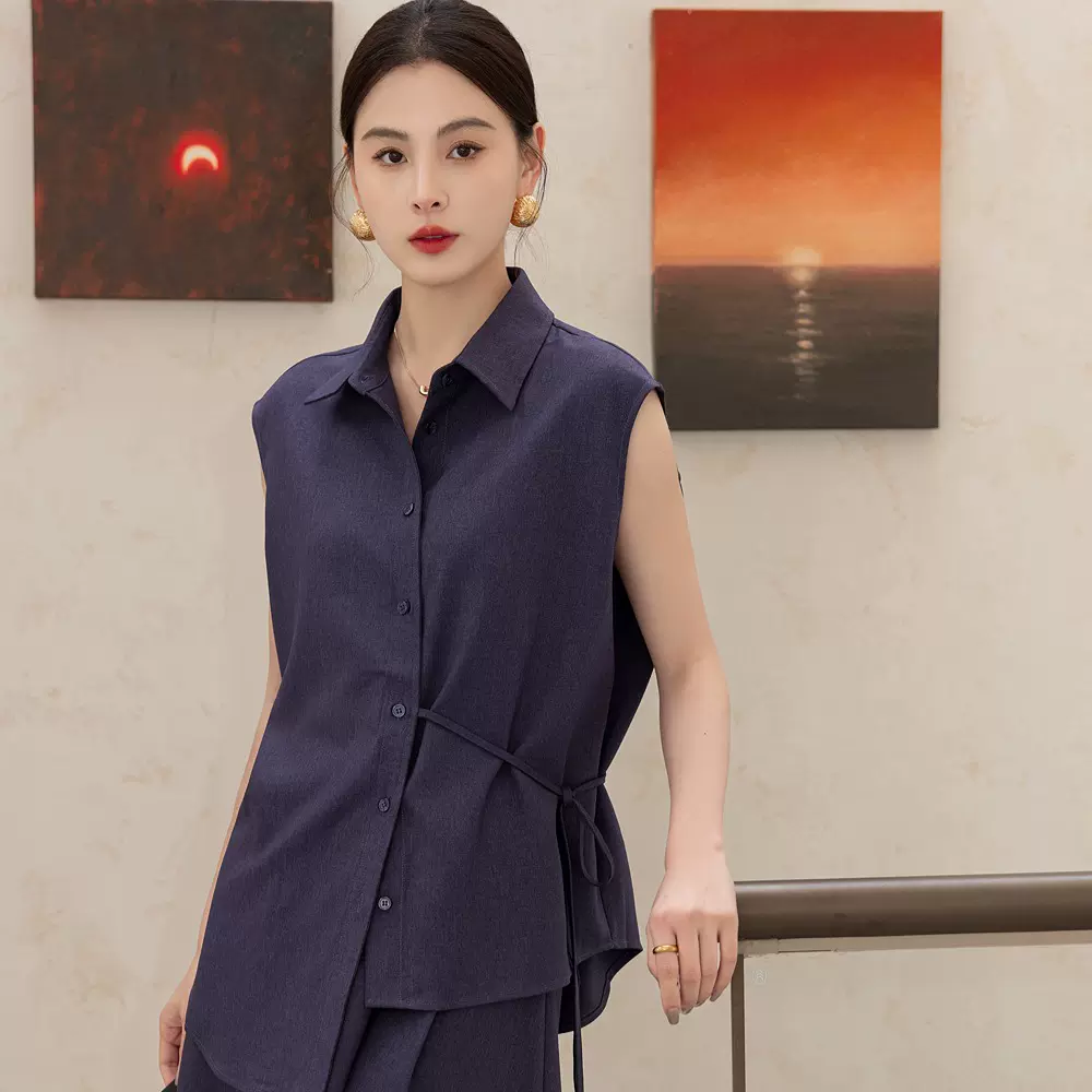 恩迪蓝色衬衫半身裙套装夏季宽松短袖上衣A字伞裙长款通勤两件套