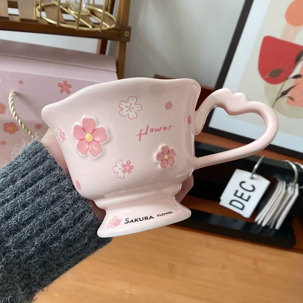 Cute Cherry Blossom Mug with Spoon High Color Value Accompanying Ceremony Girl's Heart Ceramic Water Cup Gift Box Tall Cup