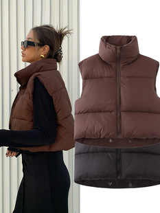 Foreign Trade European and American Cross-Border Cotton Vest Women's Stand-Up Collar Fashion Ebay Thickeneded Warm Winter Short Cotton Vest