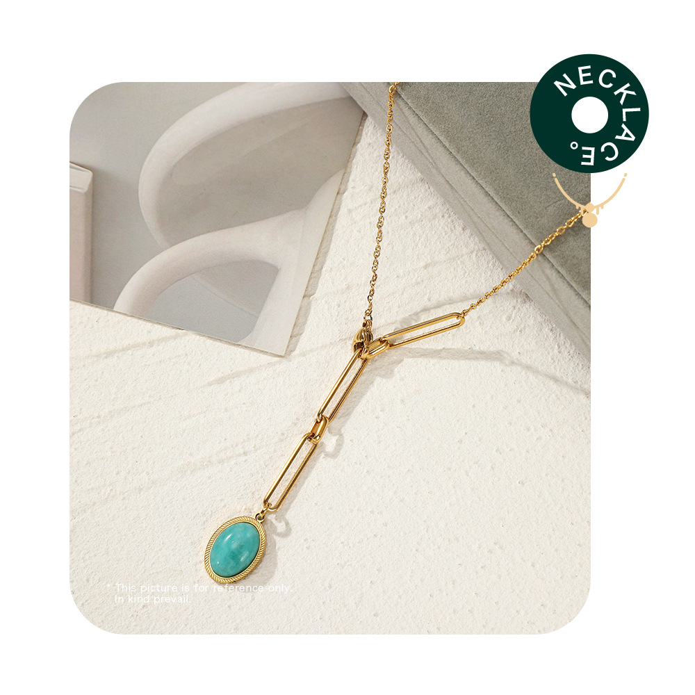 Fashion Oval Stainless Steel Inlay Natural Stone Pendant Necklace 1 Piece