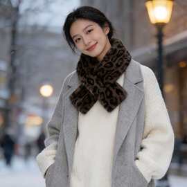秋冬款豹纹毛绒围脖保暖百搭成人豹纹脖套韩版仿兔毛围巾女士围脖