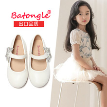 儿童皮鞋女2024韩国新款水晶蝴蝶结公主鞋魔术贴女童圆头单鞋kids