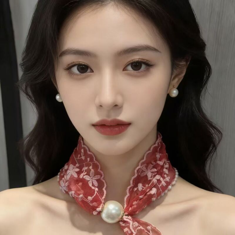 Popular Silk Scarf 2026 New Style Square Scarf with Pearl Necklace, Paired with Shirt Collar Scarf, Lazy Spring Neck Scarf, High-End Neck Accessory