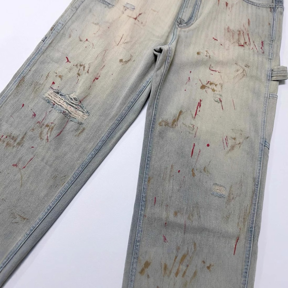 Melancholy High Street Brand Bloodstained Dirty Dyed Ripped Trendy Casual Logging Workwear_mkmklike.com
