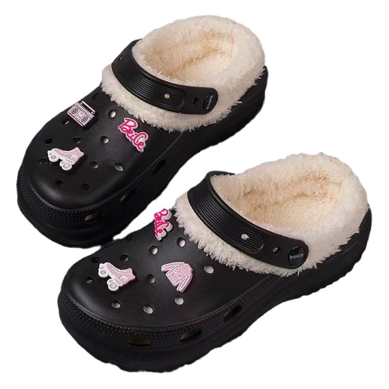 Теплые сабо на флисовой подкладке, милые зимние модные хлопковые туфли на толстой подошве с мультяшным принтом, трендовые женские универсальные туфли для оптовой продажи через границу