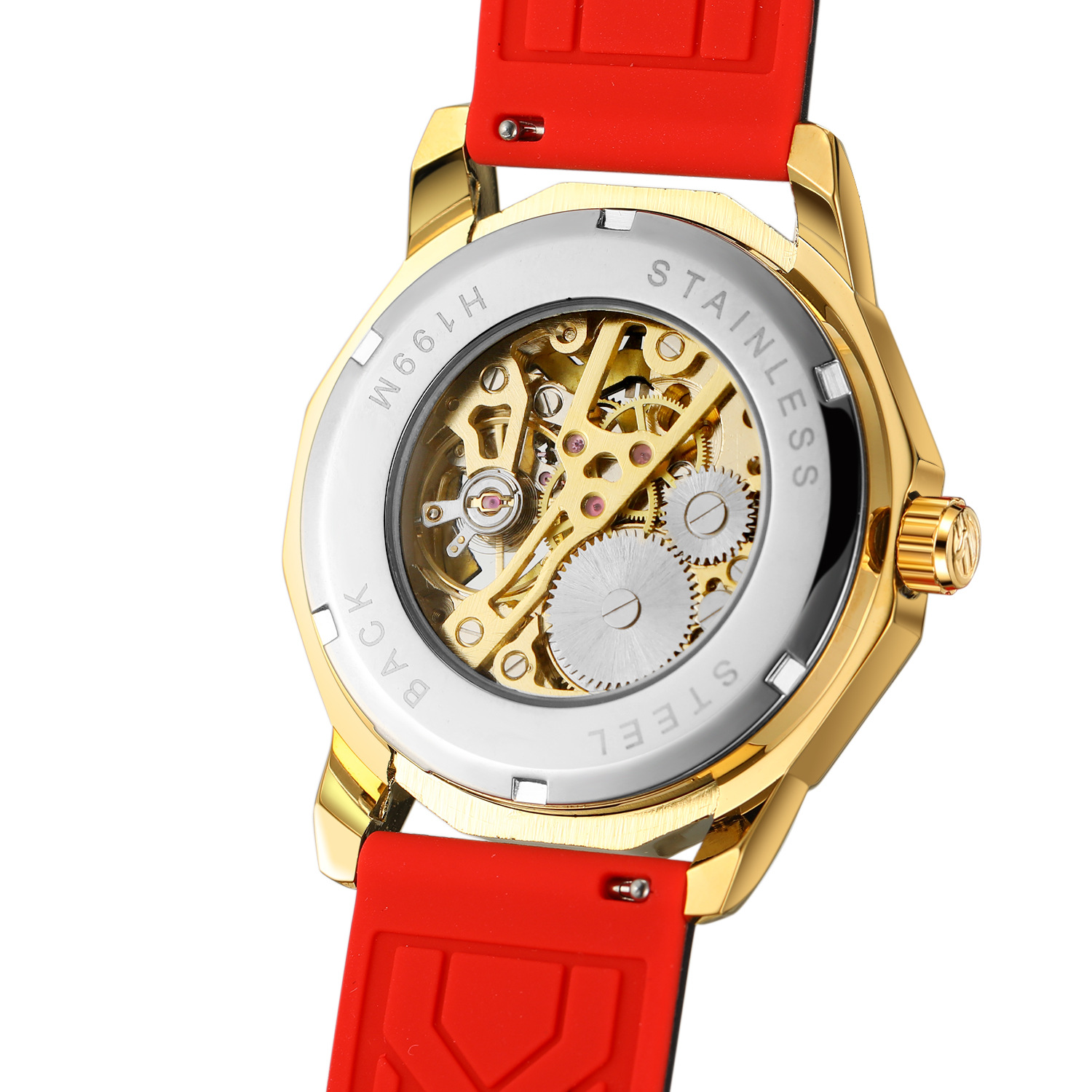 Orologio meccanico a carica manuale da uomo FORSINING con cinturino in gomma scheletrato e cassa trasparente._voghion.com