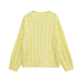跨境批发2025夏新品欧美风女装黄色网红款麻花针织套头毛衣