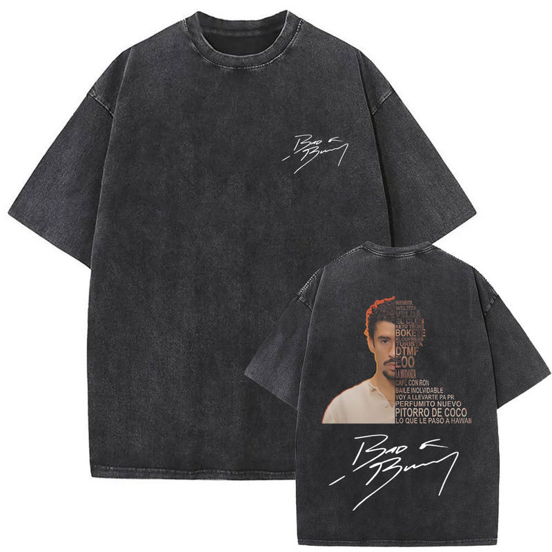 Washed vintage rapper Bad Bunny face pattern T-shirt DeBi TiRAR MaS FOToS DTMF print T-shirt