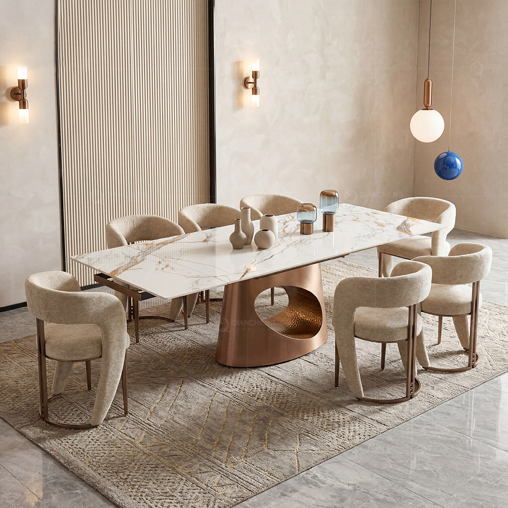 Mesa de Comedor Extensible de Piedra Sinterizada y Acero Inoxidable, Ajustable, para Restaurante